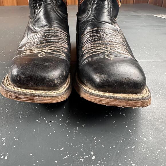 Nocona Western Boots Mens 9D Black Cowboy Leather Orange Red Feather Embroidery - Picture 2 of 9